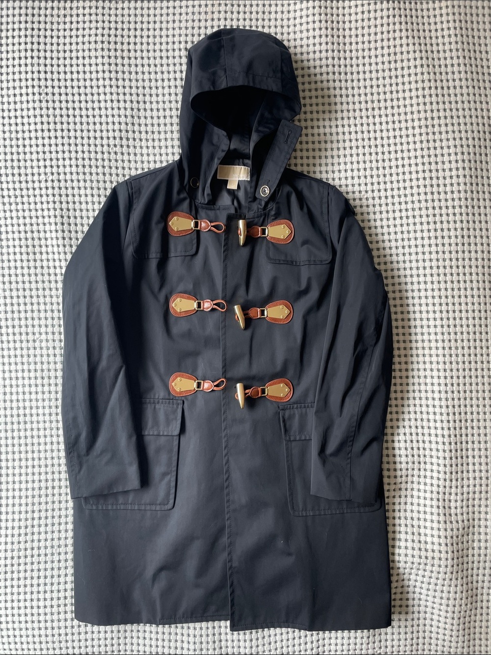 MICHAEL Michael Kors Navy Hooded Toggle Trench Coat with Brown Trim